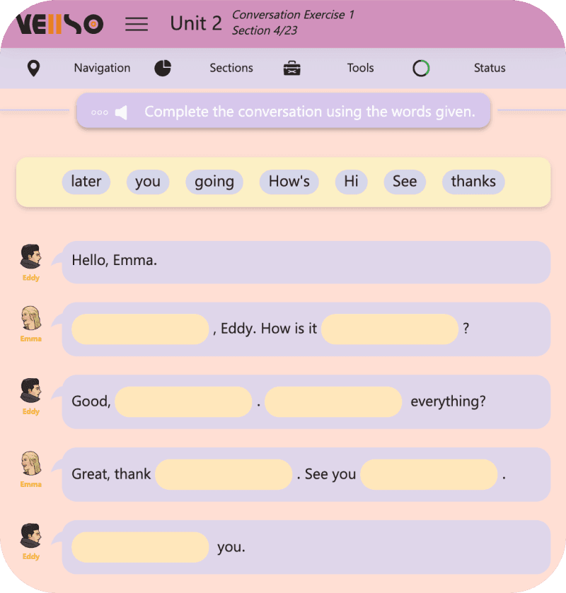 Vellso app screen 1 (showing English conversation exercise feature)